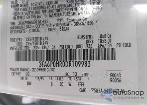 2013 Ford Fusion Se z USA, uszkodzony, nr VIN 3FA6P0HR0DR109983